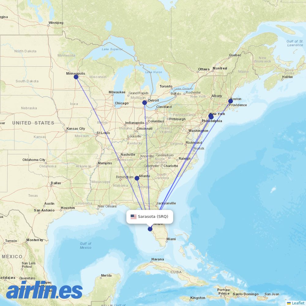 Delta Air Lines from Sarasota Bradenton International Airport destination map