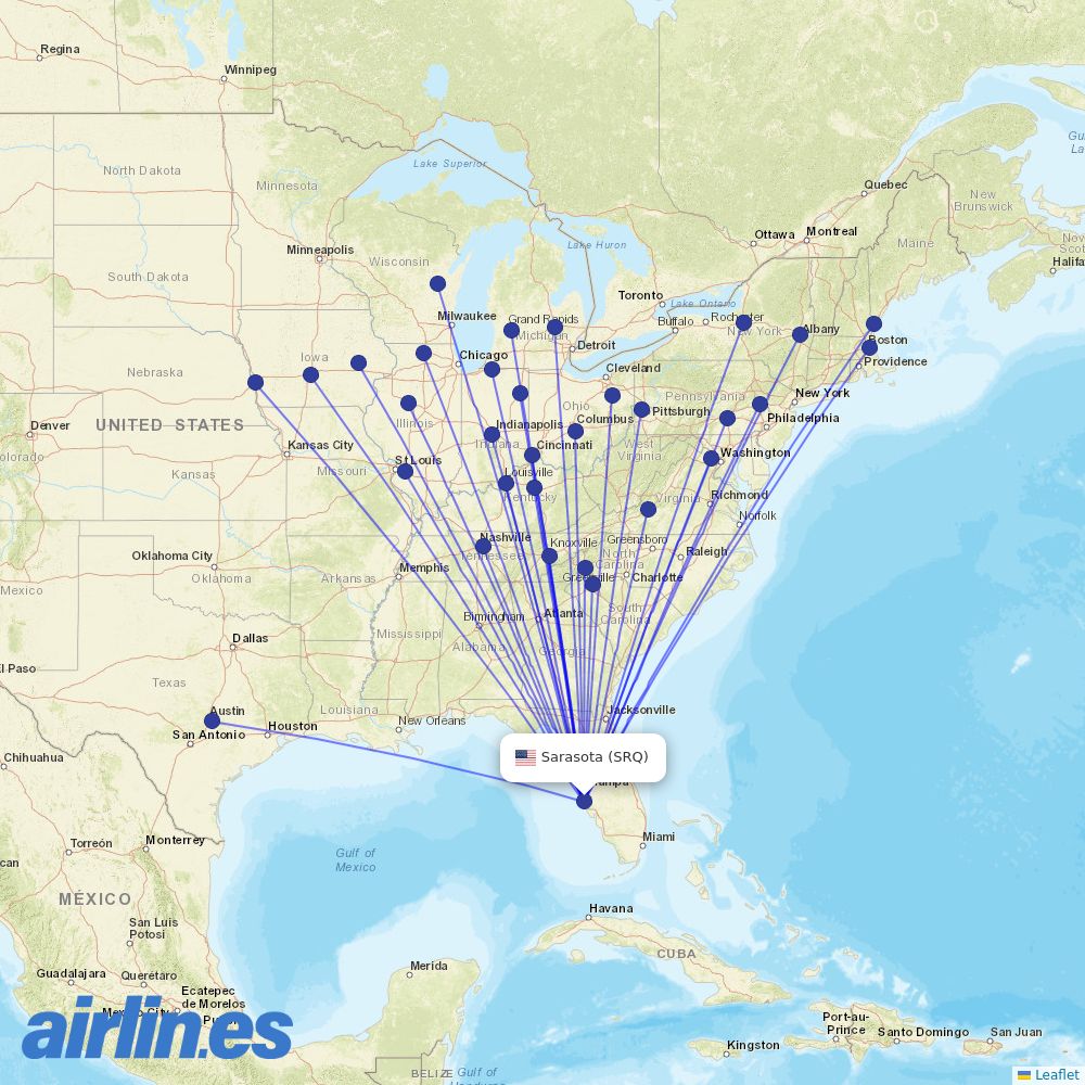 Allegiant Air from Sarasota Bradenton International Airport destination map