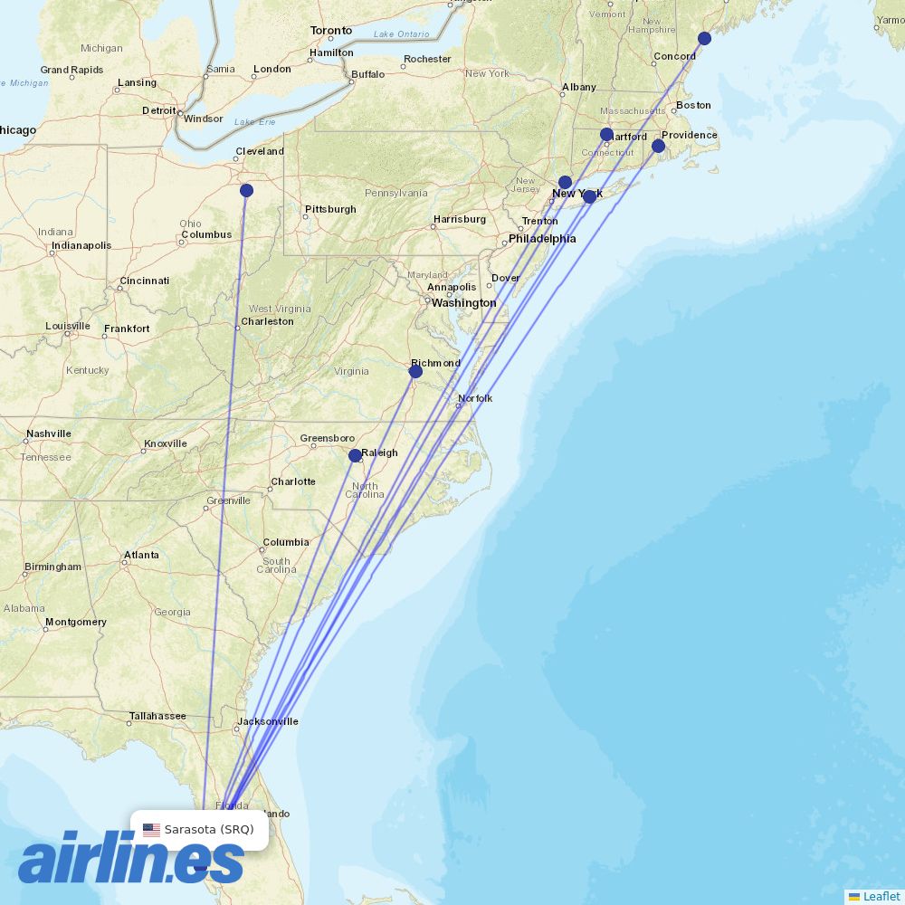 Breeze Airways from Sarasota Bradenton International Airport destination map