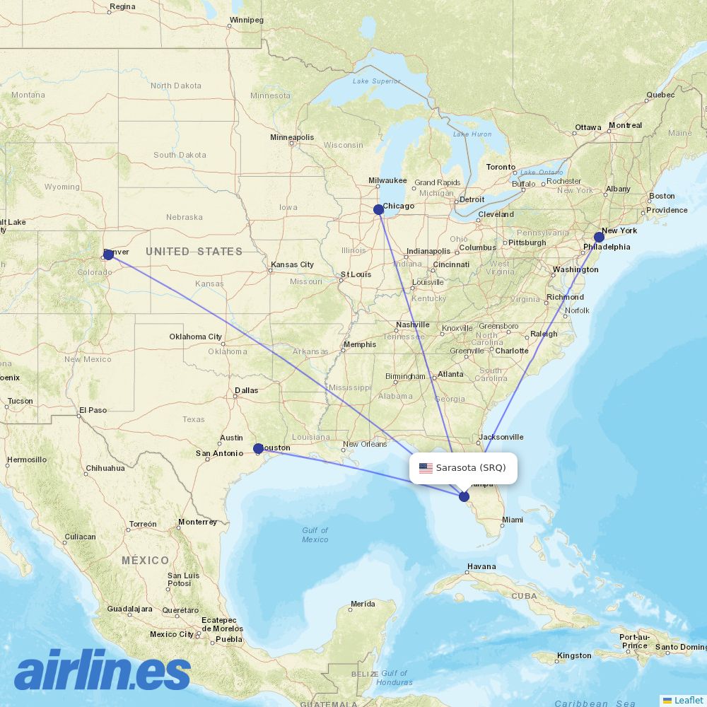 United Airlines from Sarasota Bradenton International Airport destination map