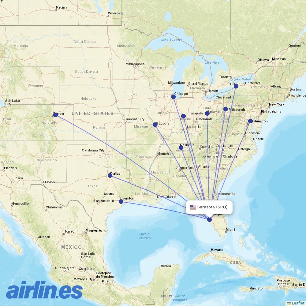 Southwest Airlines from Sarasota Bradenton International Airport destination map