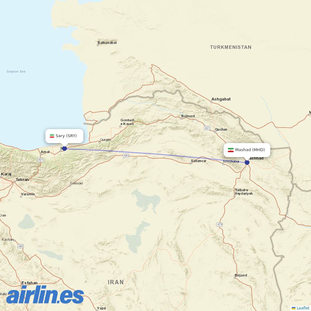 Iran Aseman Airlines from Dashte Naz Airport destination map
