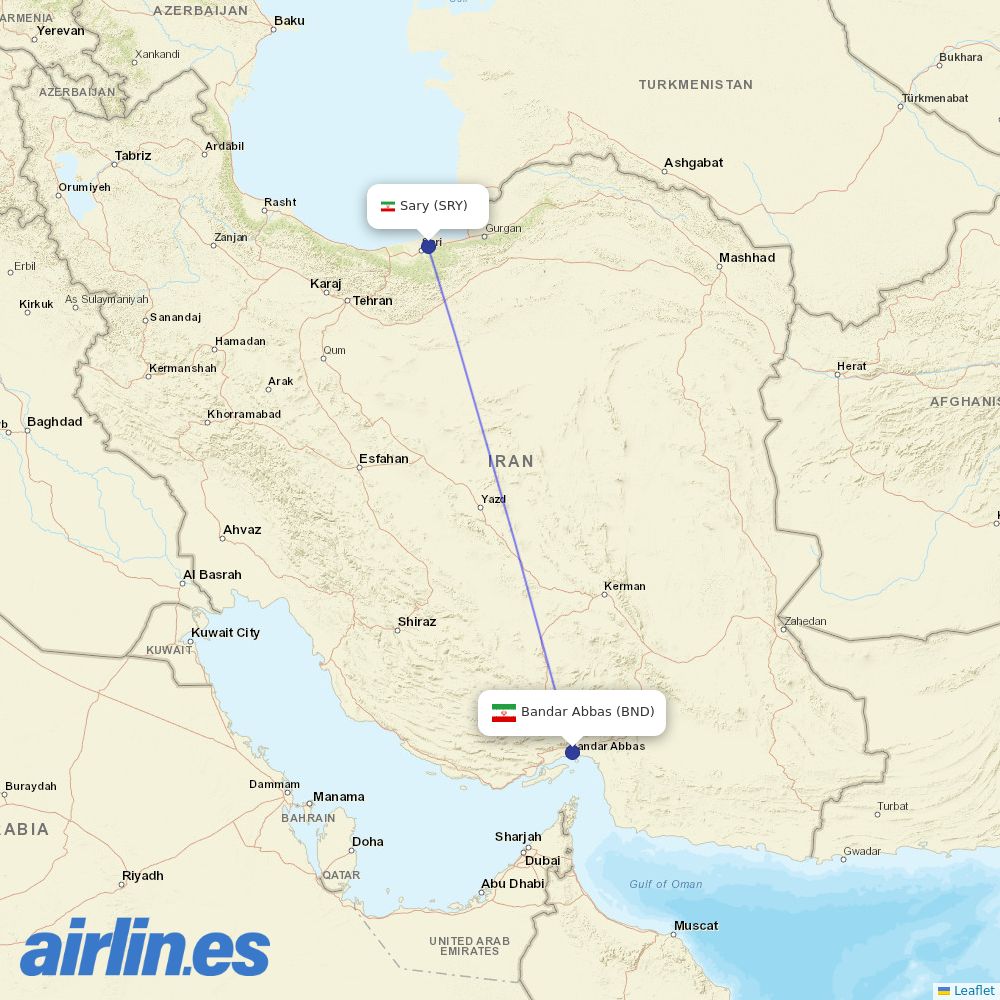Qeshm Air from Dashte Naz Airport destination map