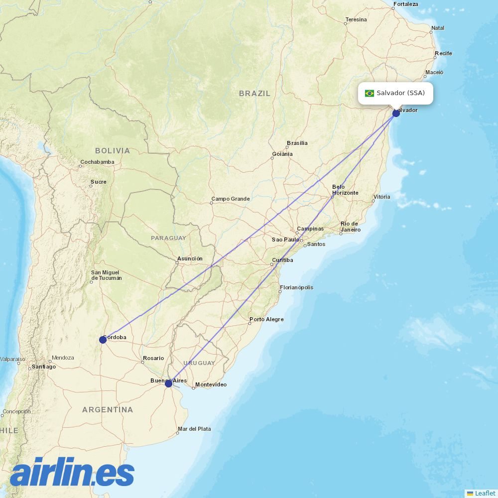 Aerolineas Argentinas from Deputado Luis Eduardo Magalhaes destination map