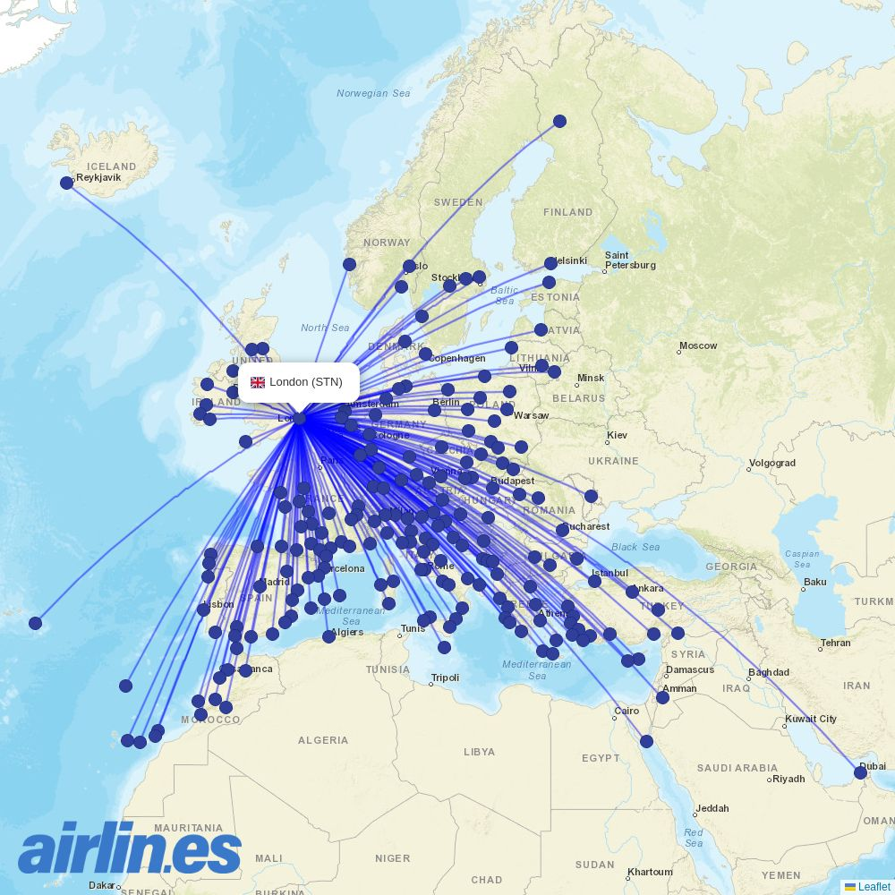 British Airways from Stansted destination map