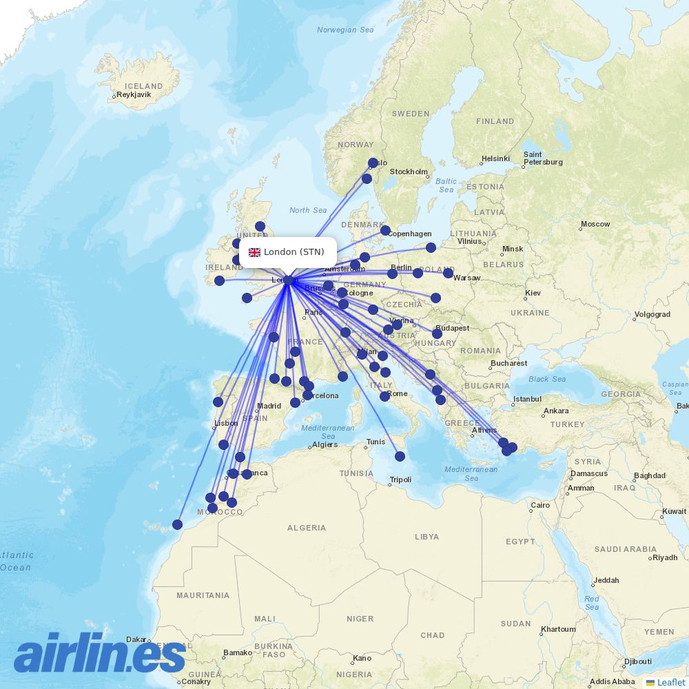Ryanair UK from Stansted destination map