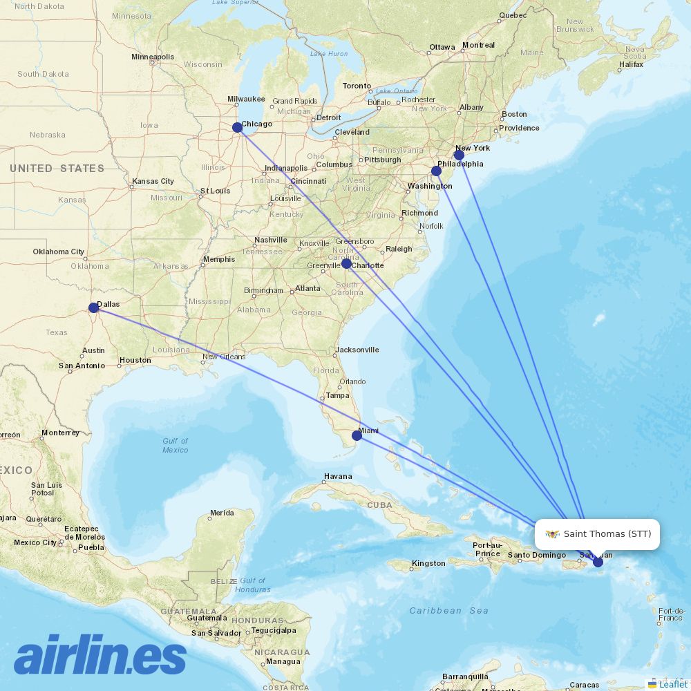 American Airlines from Saint Thomas destination map