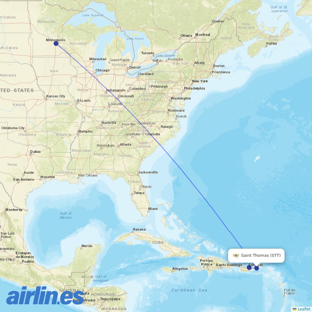 Sun Country Airlines from Saint Thomas destination map
