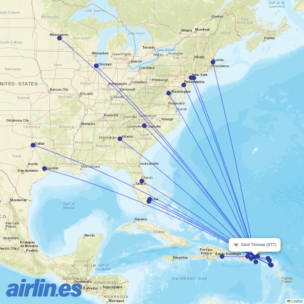 Southwest Airlines from Saint Thomas destination map