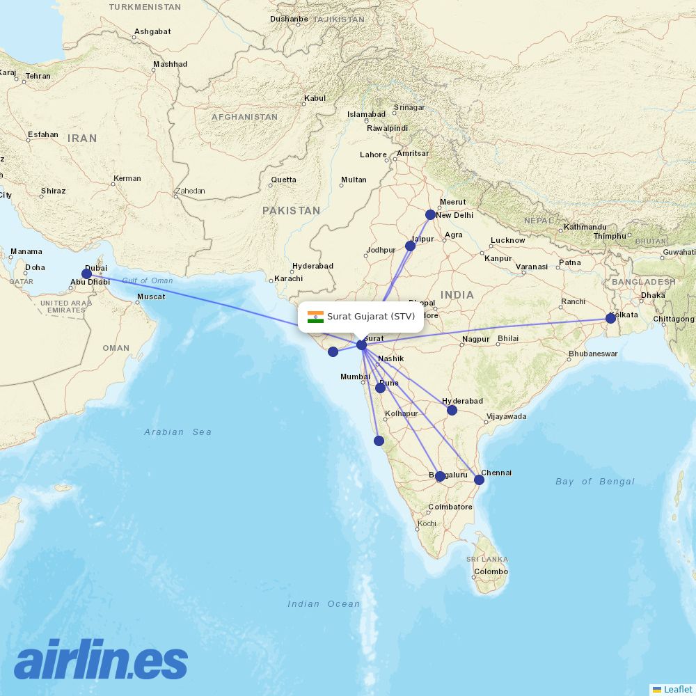 IndiGo from Surat destination map