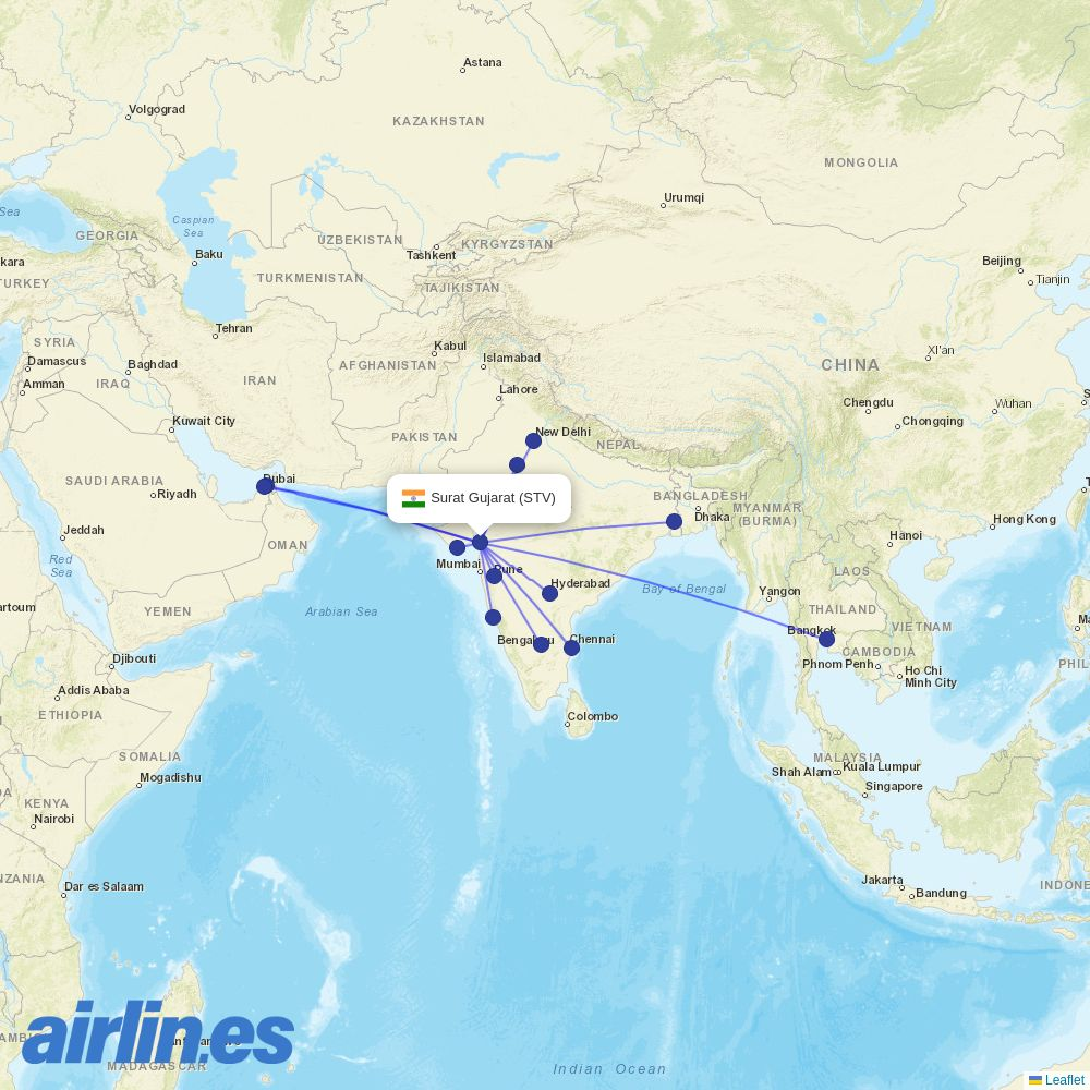 Air India Express from Surat destination map