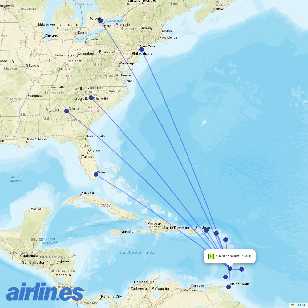 interCaribbean Airways from E T Joshua destination map