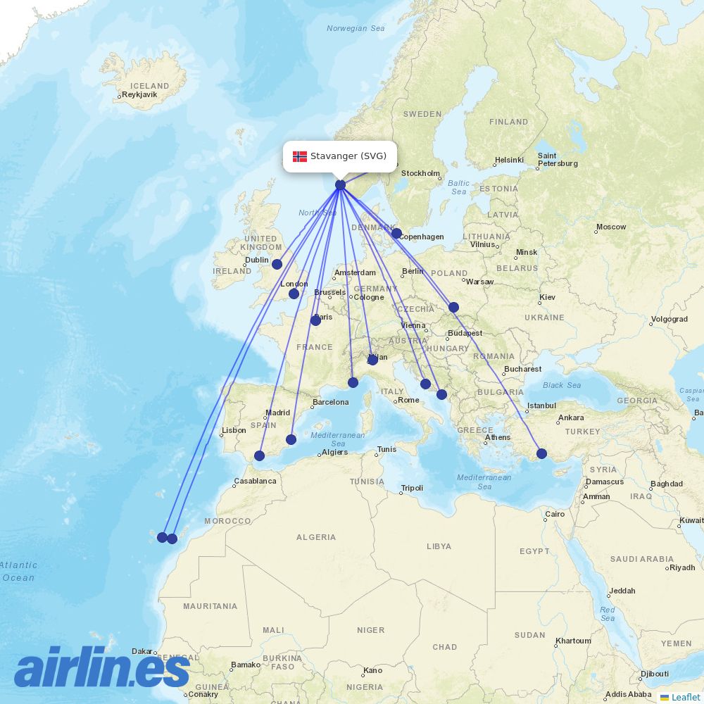 Norwegian Air Shuttle from Stavanger Sola destination map