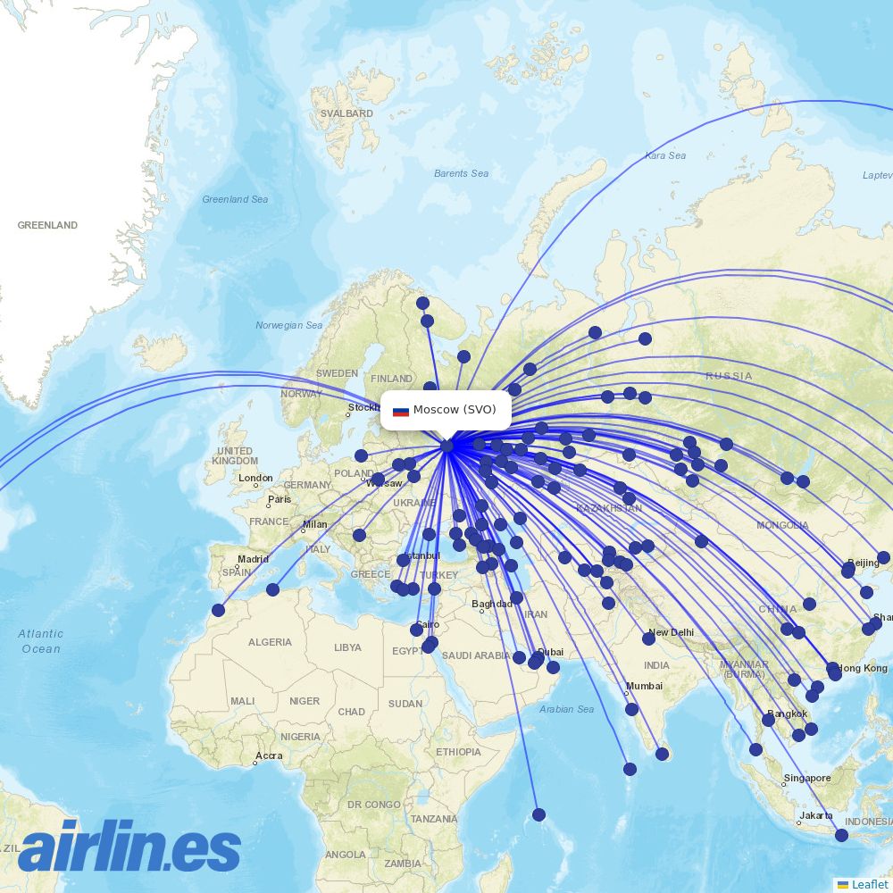 Smartavia from Sheremetyevo International Airport destination map