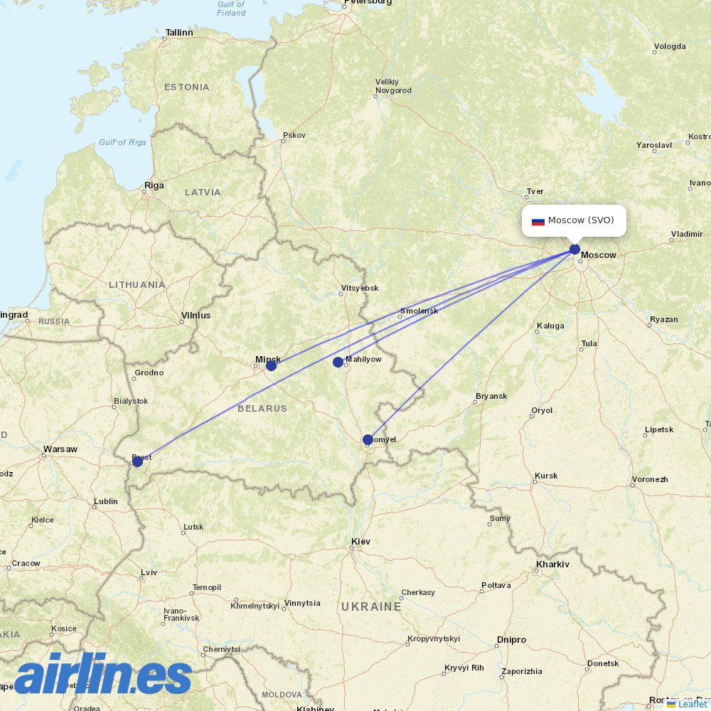 Belavia from Sheremetyevo International Airport destination map