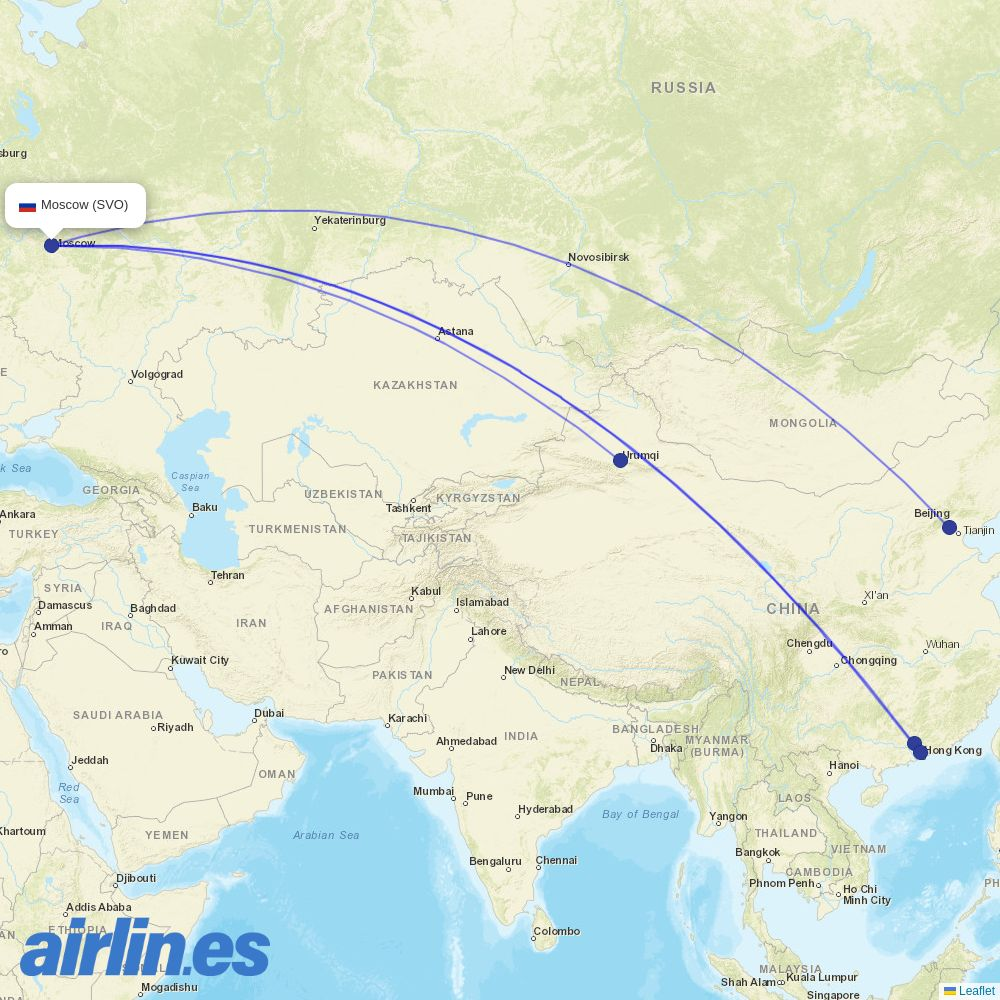 China Southern Airlines from Sheremetyevo International Airport destination map