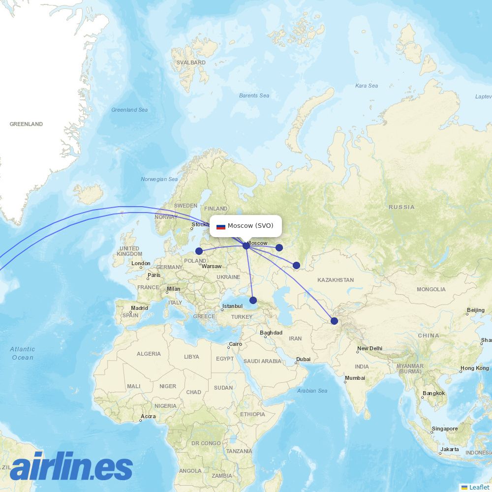 Nordwind Airlines from Sheremetyevo International Airport destination map