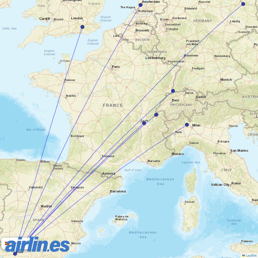 easyJet from Seville Airport destination map