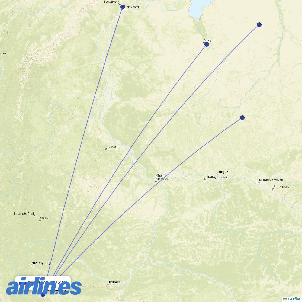 Yamal Airlines from Koltsovo International Airport destination map