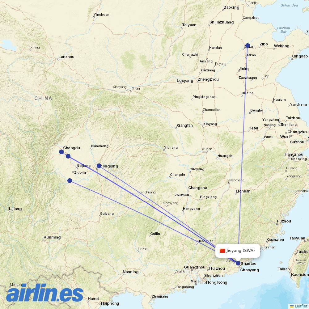 Sichuan Airlines from Wai Sha Airport destination map