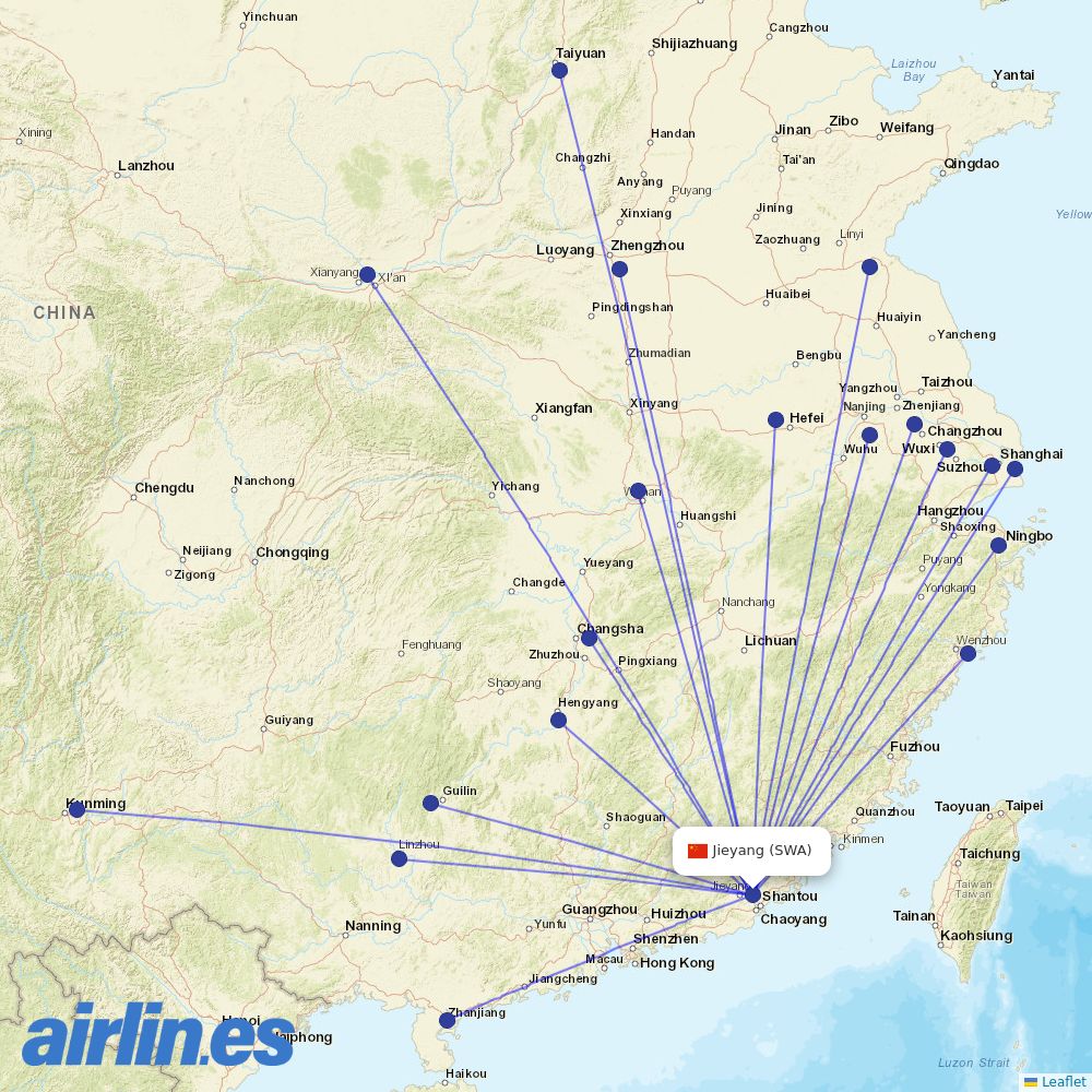 China Eastern Airlines from Wai Sha Airport destination map