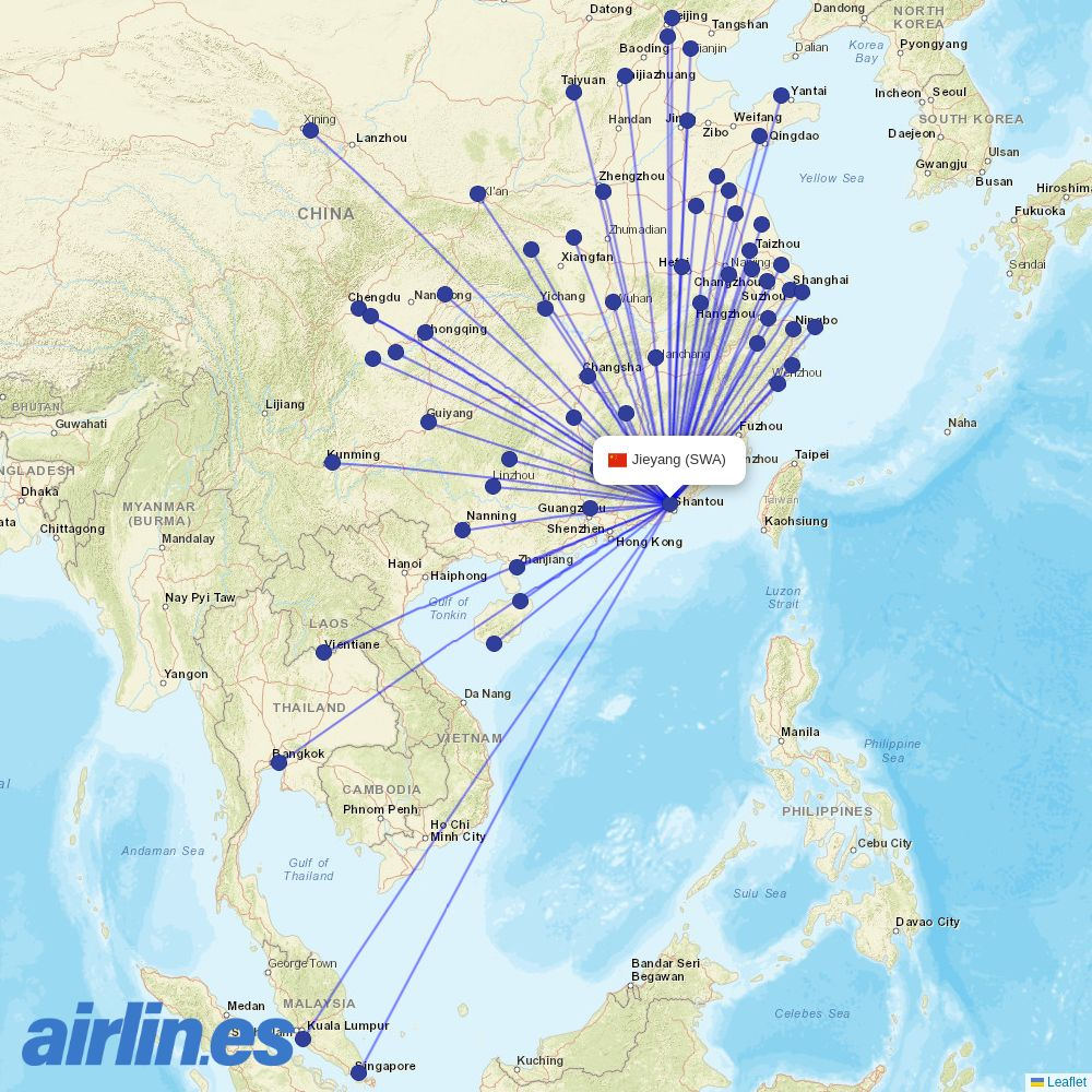Qingdao Airlines from Wai Sha Airport destination map