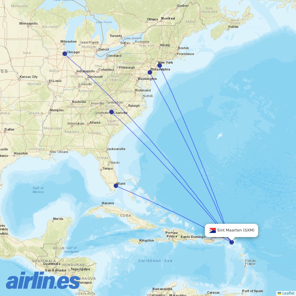 American Airlines from Princess Juliana International destination map