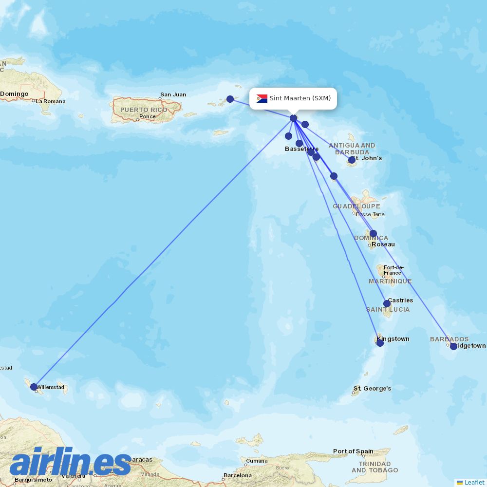 Winair at SXM route map