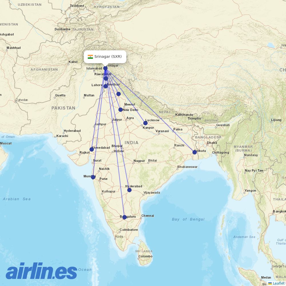 IndiGo from Srinagar destination map