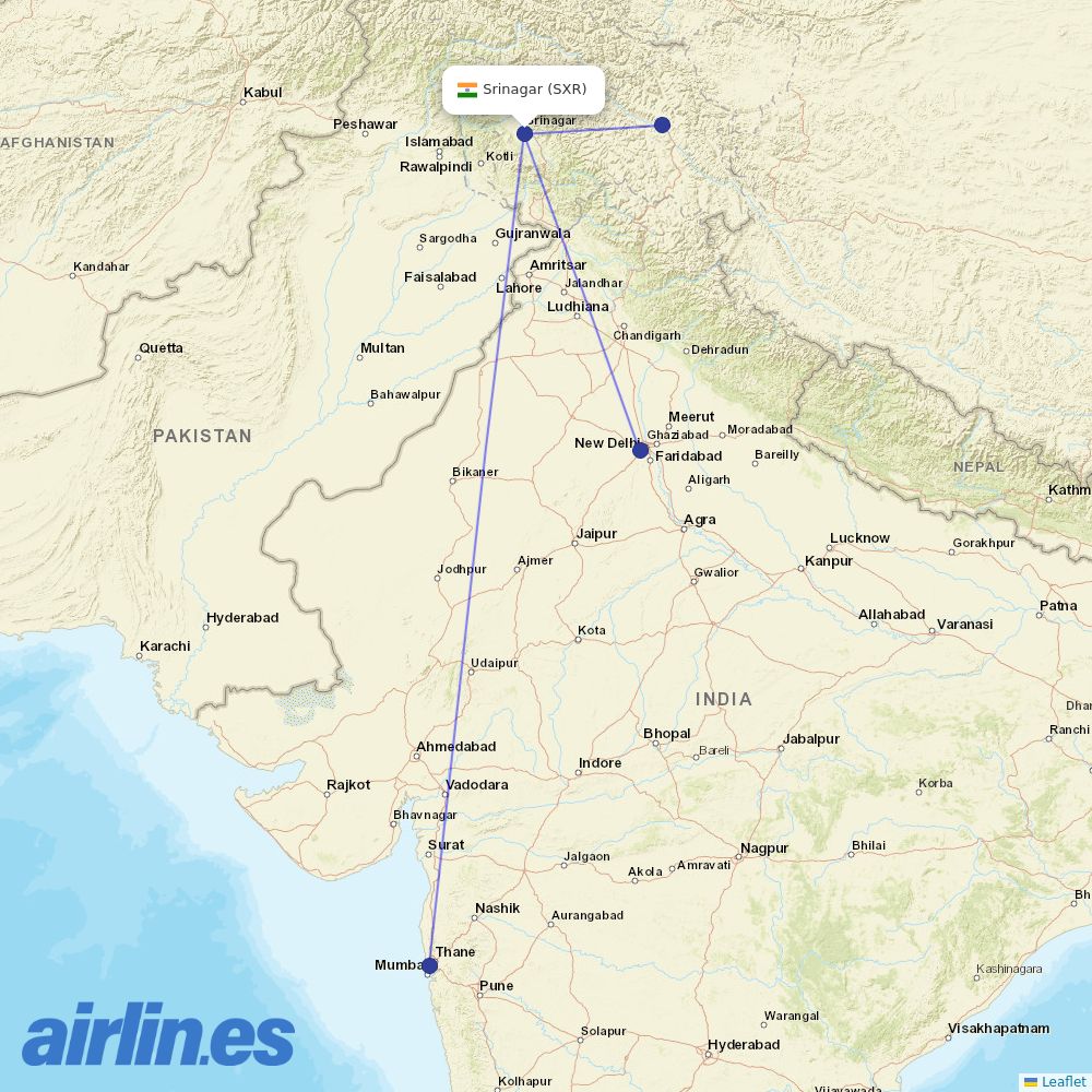 Air India from Srinagar destination map