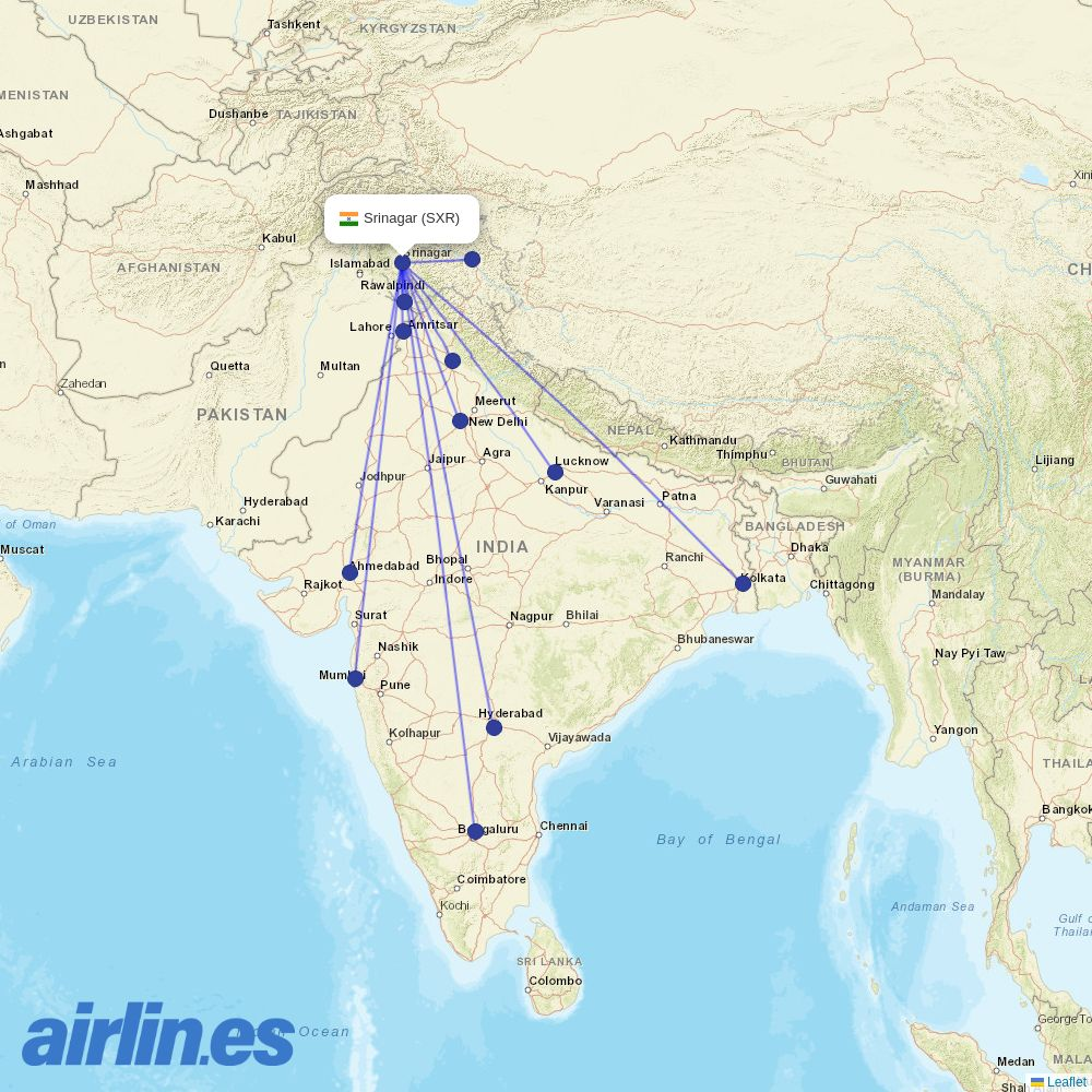 Air India Express from Srinagar destination map