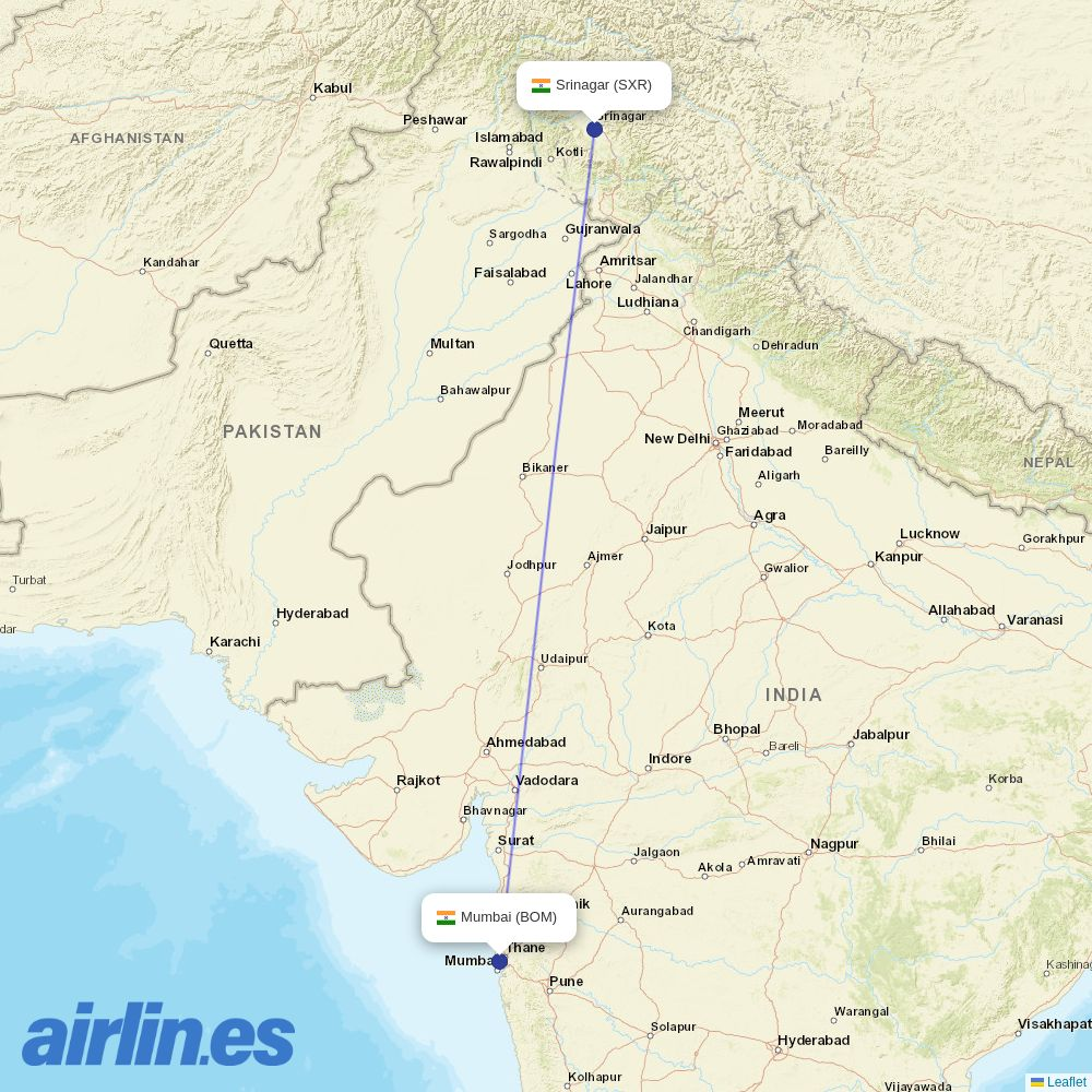 Akasa Air from Srinagar destination map