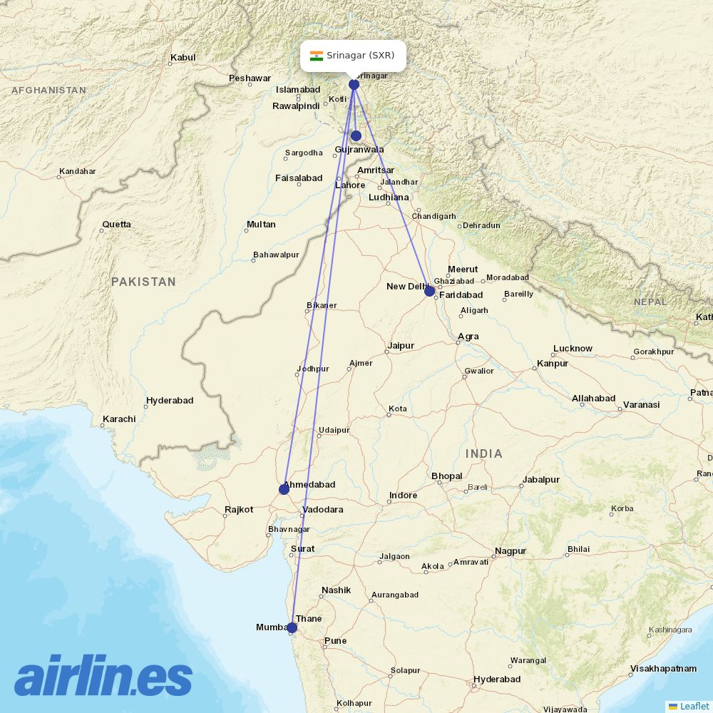 SpiceJet at SXR route map