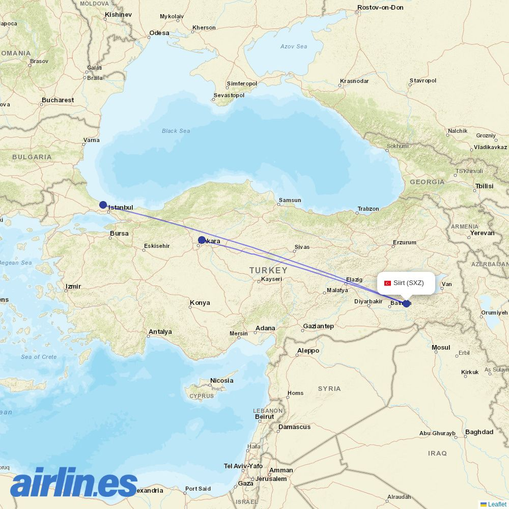 AJet from Siirt Airport destination map