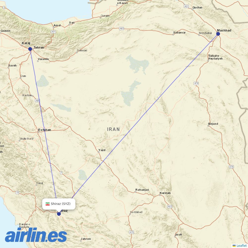 Iran Aseman Airlines at SYZ route map