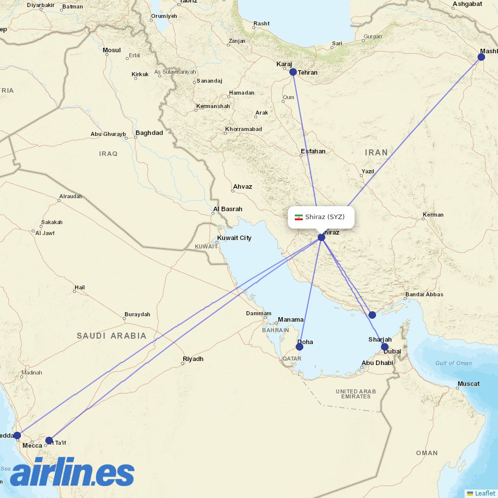 Iran Air from Shiraz Shahid Dastghaib International destination map