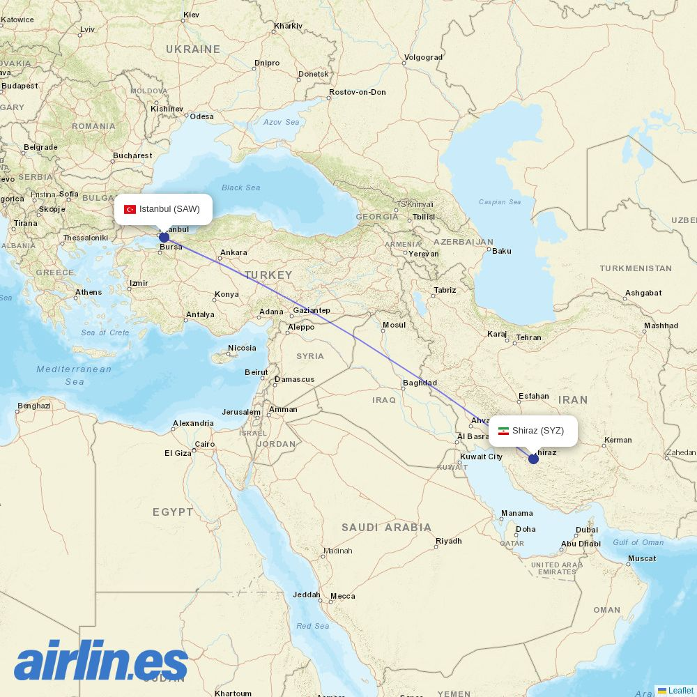 Pegasus from Shiraz Shahid Dastghaib International destination map