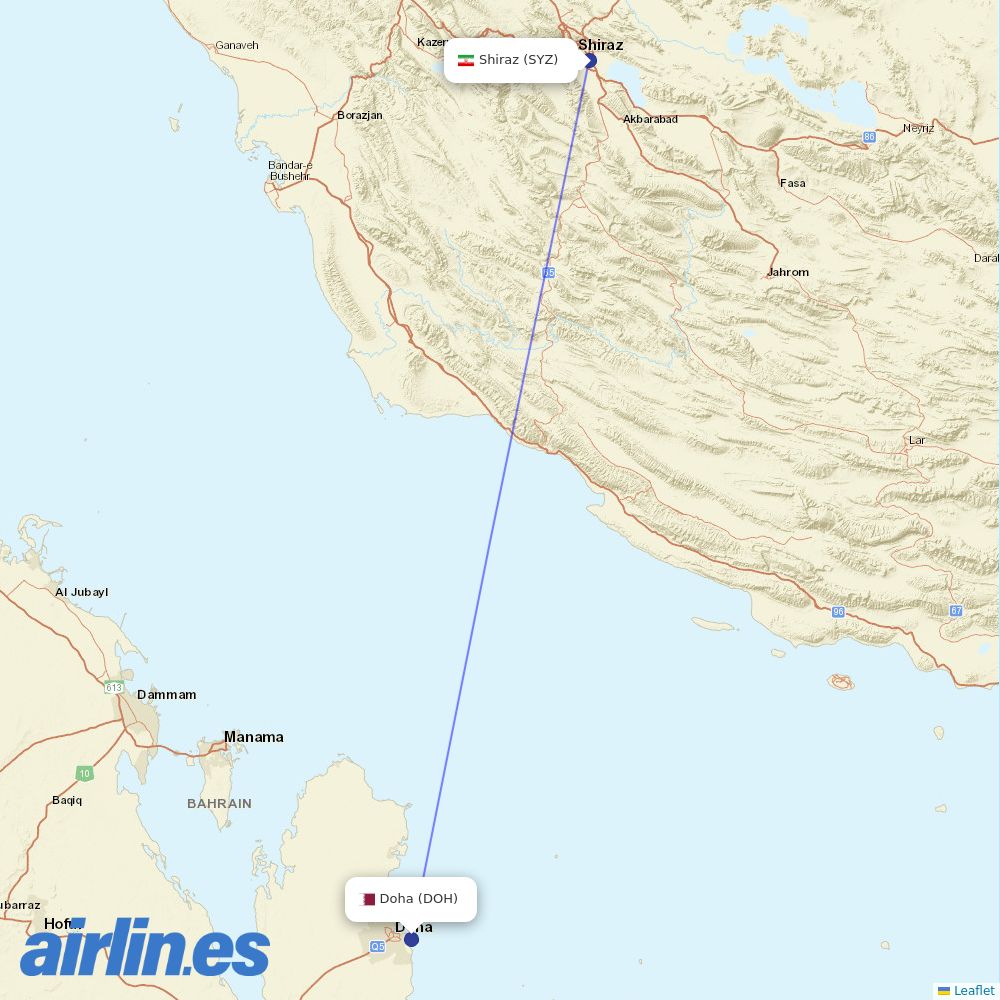 Qatar Airways from Shiraz Shahid Dastghaib International destination map