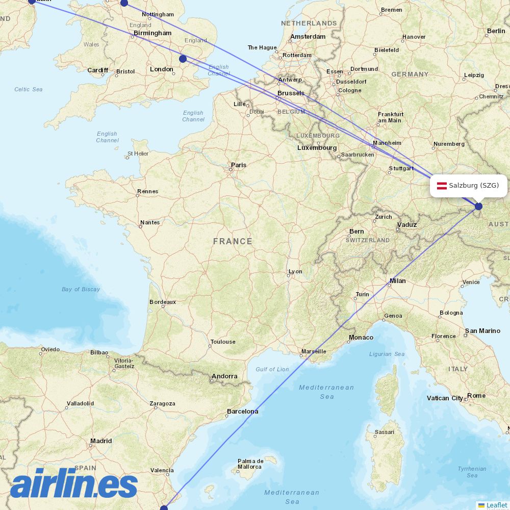 Ryanair from Salzburg Airport destination map