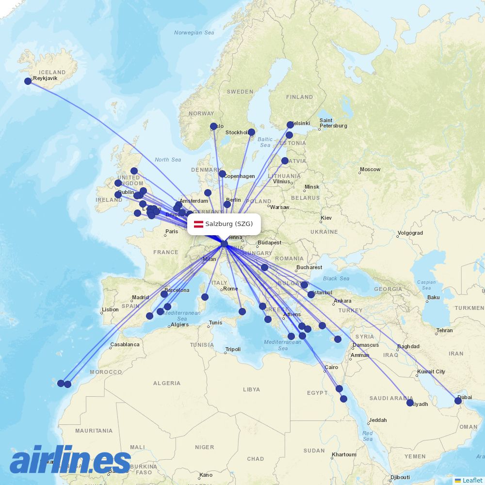 Scandinavian Airlines from Salzburg Airport destination map