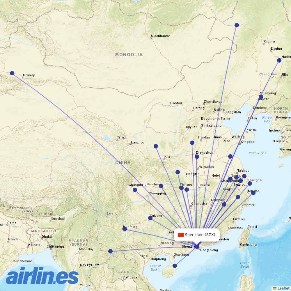 Donghai Airlines from Shenzhen Bao'an International Airport destination map