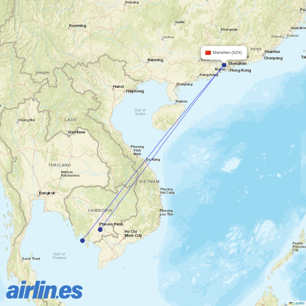 Air Cambodia from Shenzhen Bao'an International Airport destination map