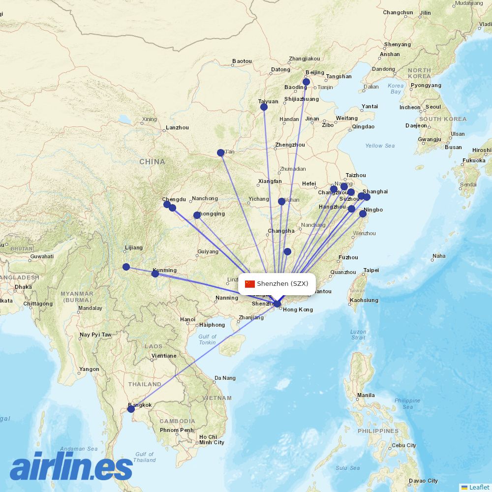 China Eastern Airlines from Shenzhen Bao'an International Airport destination map