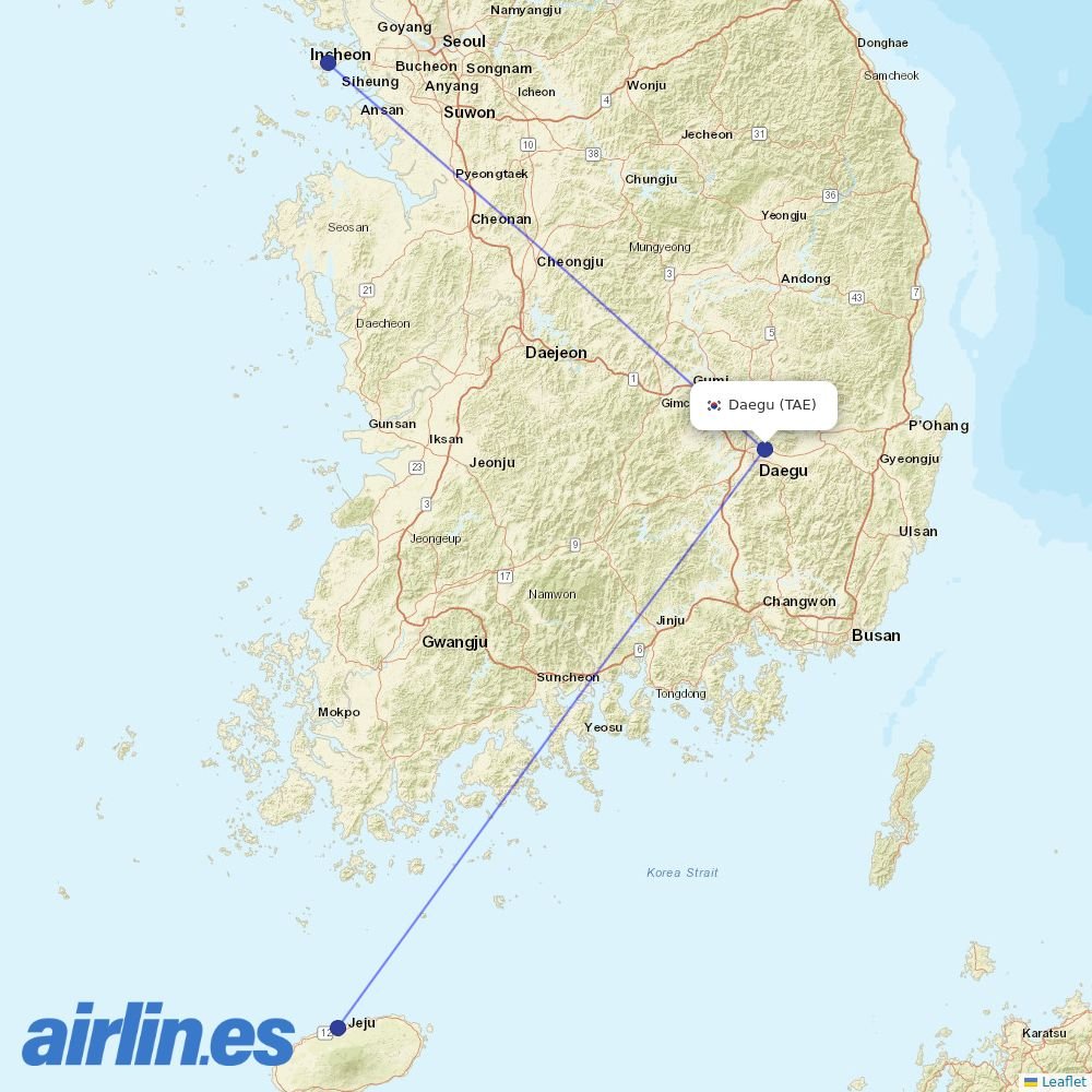 Korean Air from Daegu Ab destination map