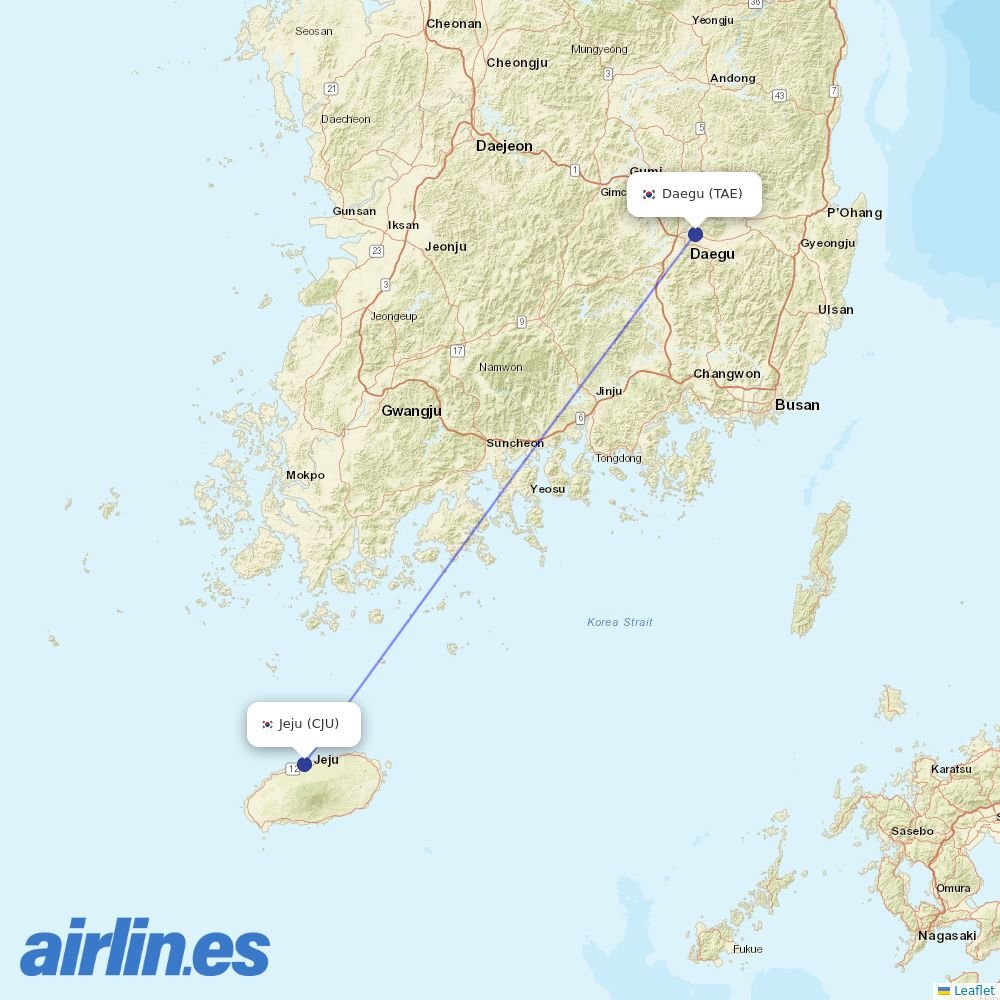 Asiana Airlines from Daegu Ab destination map