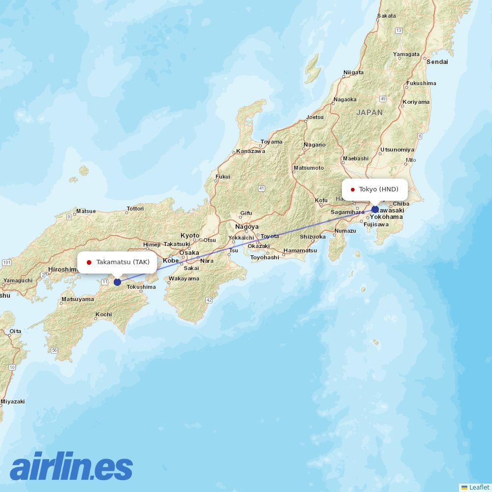 JAL from Takamatsu Airport destination map