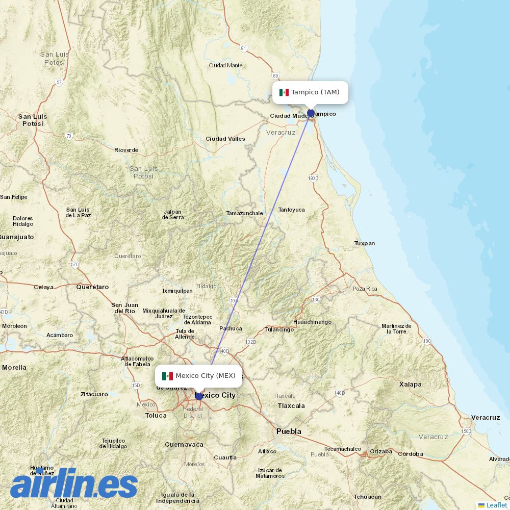 Aeromexico from General Francisco Javier Mina International destination map