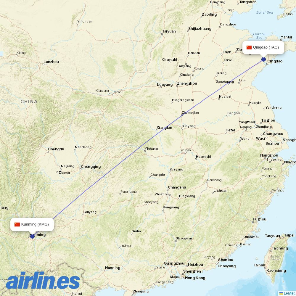 Lucky Air from Qingdao Jiaodong International Airport destination map