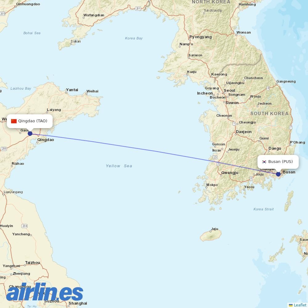 Air Busan from Qingdao Jiaodong International Airport destination map