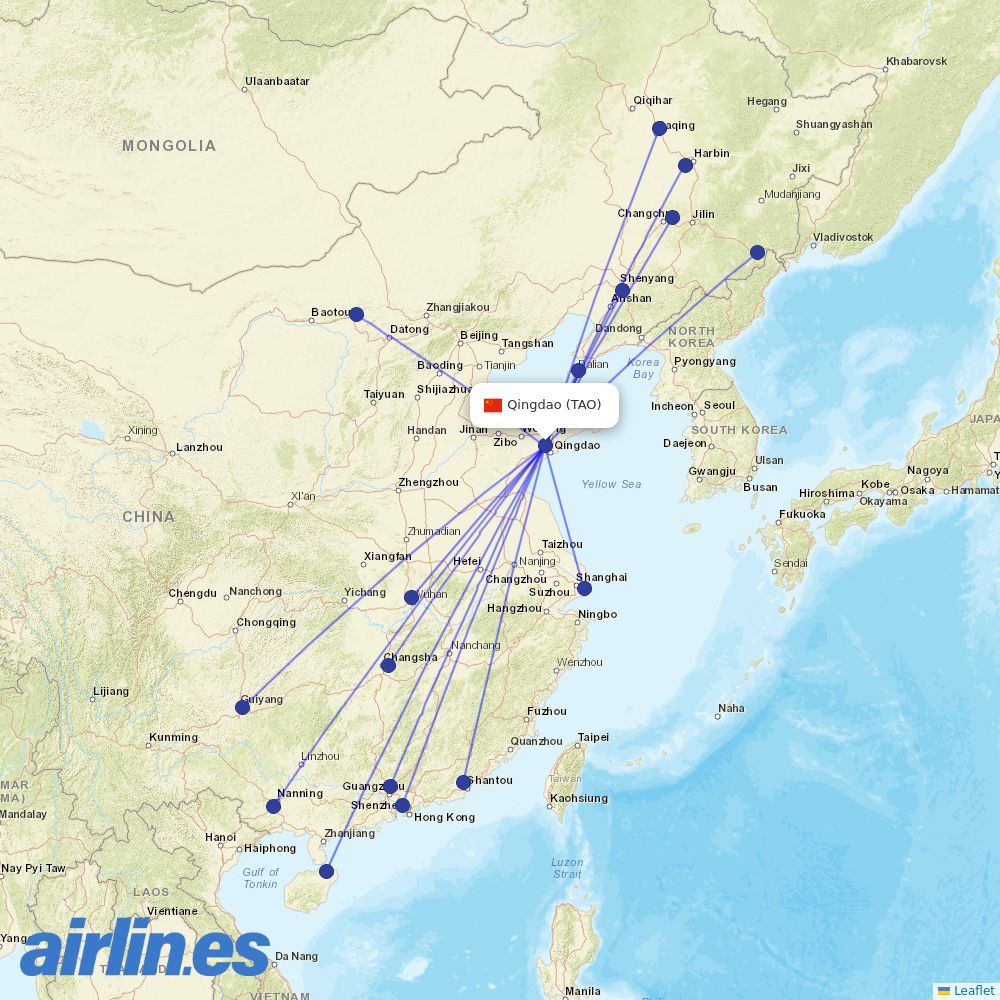 China Southern Airlines from Qingdao Jiaodong International Airport destination map